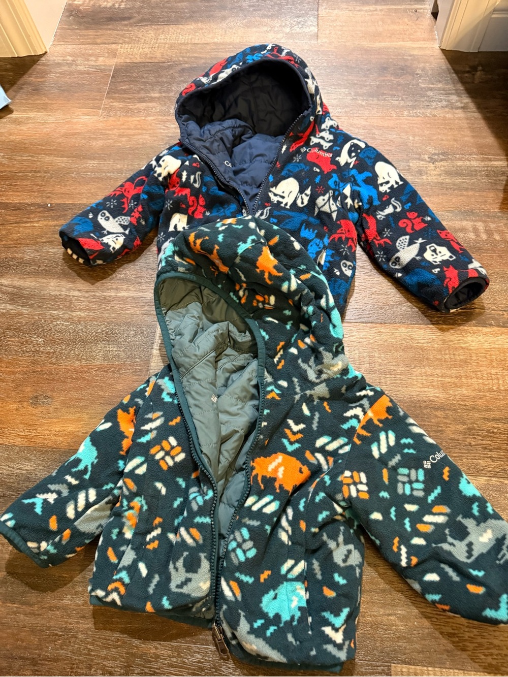 Two Columbia Kids' Hooded Fleece Jacket - Teal & Navy Dino Print 2T/24M